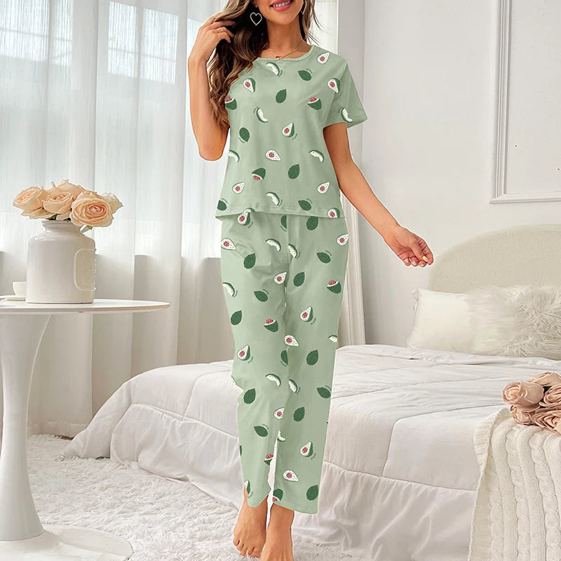 Womens Pajamas Sleepwear Set Soft Comfortable Short Sleeve Tops With Long Pants Pajama 2 Pieces Lingerie Women Home Clothes Suit