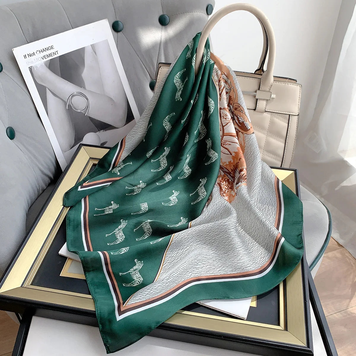 Luxury Square Scarf for Women Fashion  Animals Patchwork Prints Satin Silk Hair Bands Lady Neckerchief Headband Bandana 2023