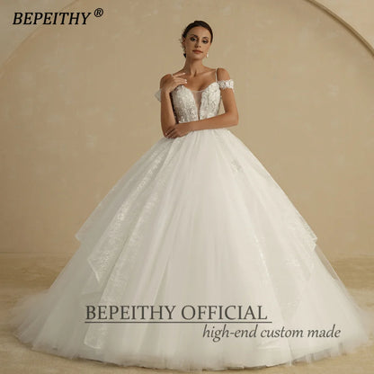 BEPEITHY Customized Bride Ivory Princess Wedding Dress Off The Shoulder Empire Lace Flower Bridal Gown For Women 2022 Sleeveless