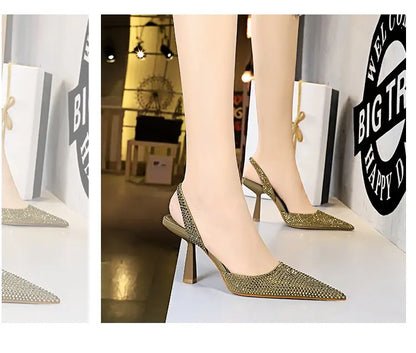 Gold Women Heels Sandals 2023 Summer Crystal Pointed Toe Female Stiletto African Party Rhinestone Shallow Slip On Heel Shoes