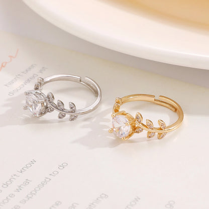 Rhinestone Leaf Design Adjustable Opening Rings for Women Sparkling Round Zircon Ring Party Daily Wear Fashion Luxury Jewelry