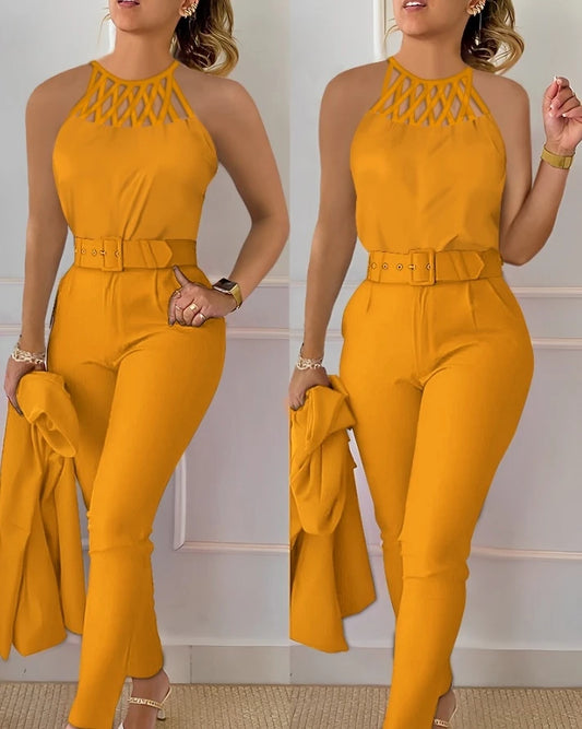 Two Piece Set Women Outfit 2024 Summer Fashion Hollow Out Round Neck Sleeveless Tank Top & Casual Pocket Daily Pants Set