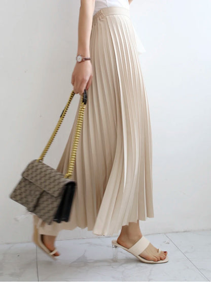 Brand Designer Women Spring Autumn Elegant Chic Solid Pleated Skirt High Waist Luxury Fashion With Elastic Female C-035