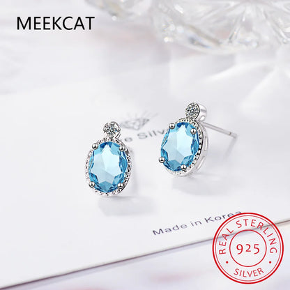 Oval 1ct Natural Sky Blue Topaz 925 Sterling Silver Stud Earrings for Women Fashion Gemstone Jewelry Party Gifts