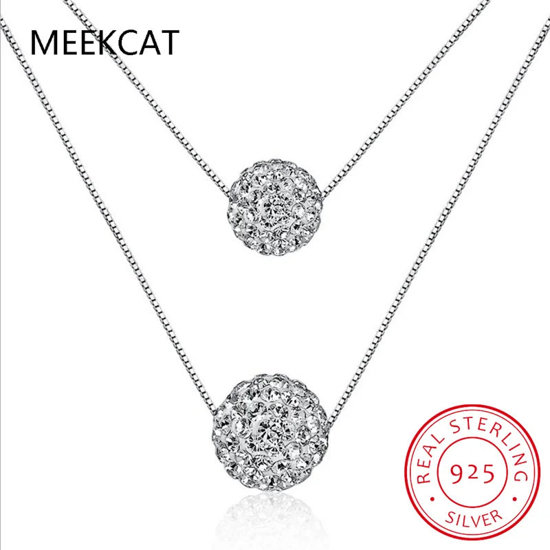 925 Sterling Silver Shiny Diamond Crystal Double Layer Rhinestone Ball Pendant Necklace For Women Wedding Jewelry Choker Collar