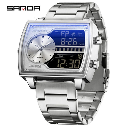 SANDA 6163 Fashion Trend Men's Quartz Watch Fashion Square Watch Countdown Sports Waterproof Dual Display Digital Men's Watches