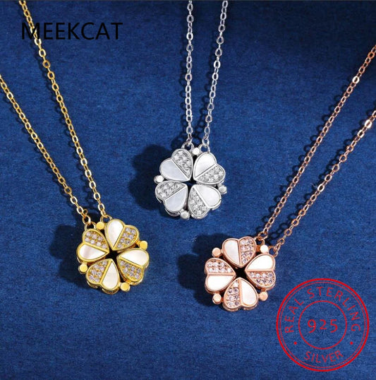 Creative Magnetic Folding Heart Shape Four-leaf Clover Pendant Necklace 2022 New Fashion Design Zircon Shell Jewelry Party Gift