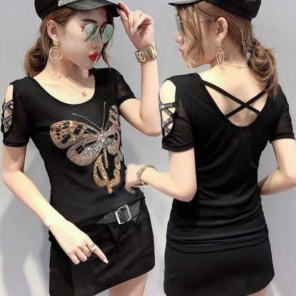 Fashion Gold Butterfly Diamonds Women Backless T-Shirt Sexy Stretch Spliced Gauze Offf Shoulder T Shirt Top Girl Streetwear Tees