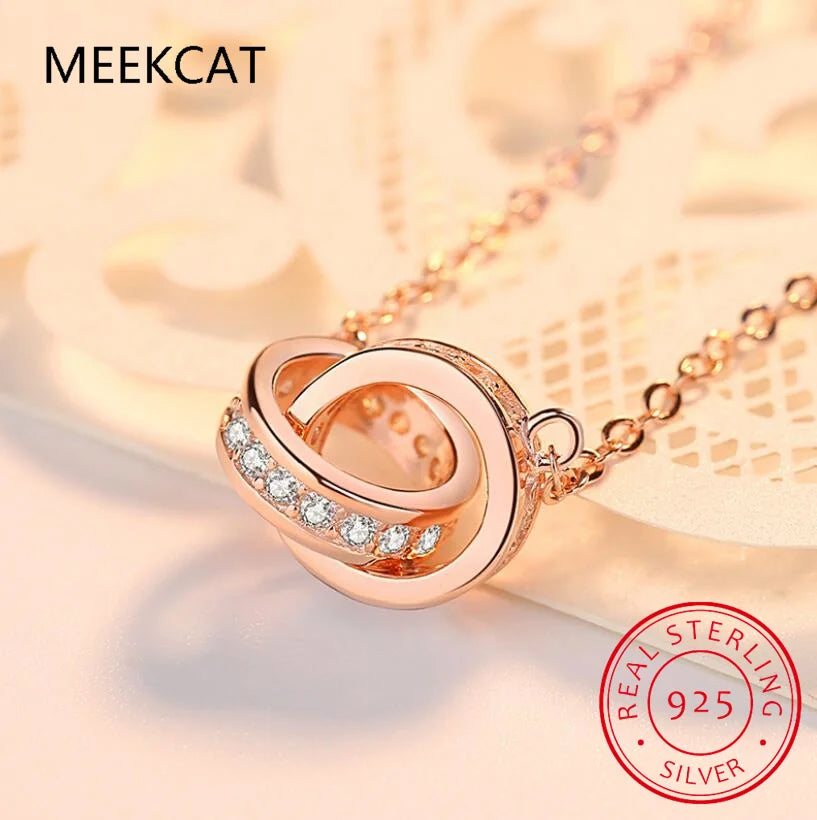 925 Sterling Silver Double Circle Interlock Pendant Necklace Double Ring Collarbone Neck Chain for Women Jewelry BSN295