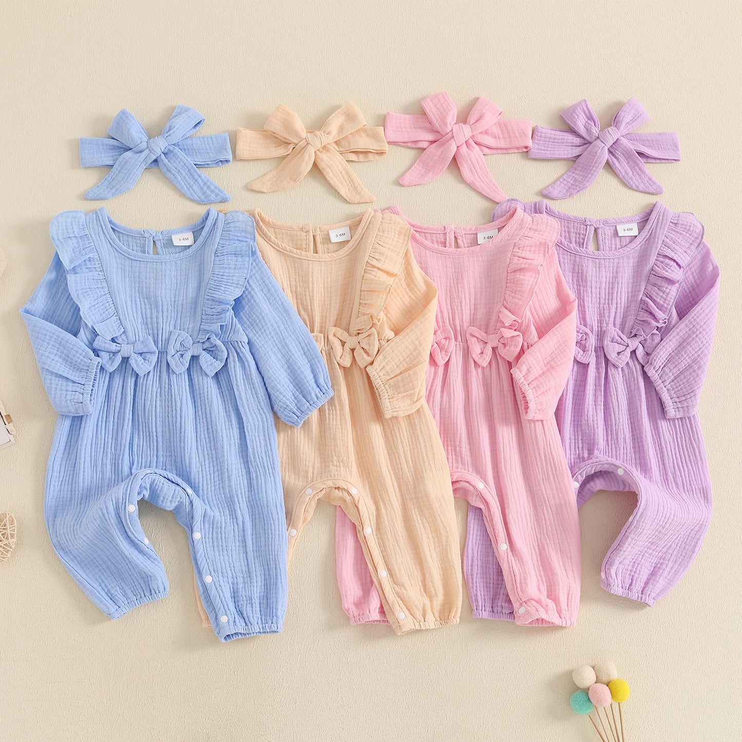 Autumn Infant Baby Girls Casual Jumpsuit Long Sleeve Ruffle Romper Headband Fall Casual Clothes