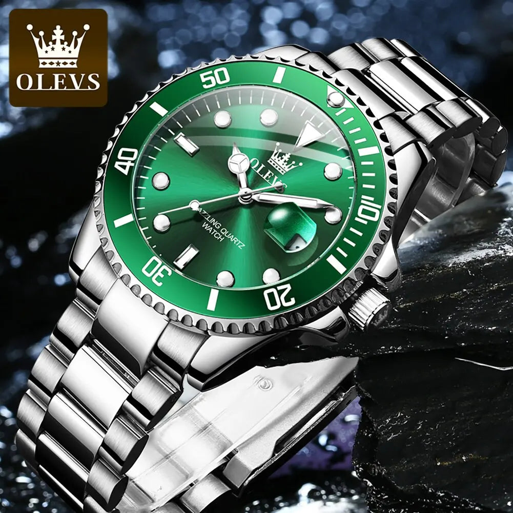 OLEVS Top Original Men Quartz Watch Green Waterproof Watch for Men Stainless Steel Quartz Men Luxury Watch Luminous Wristwatch