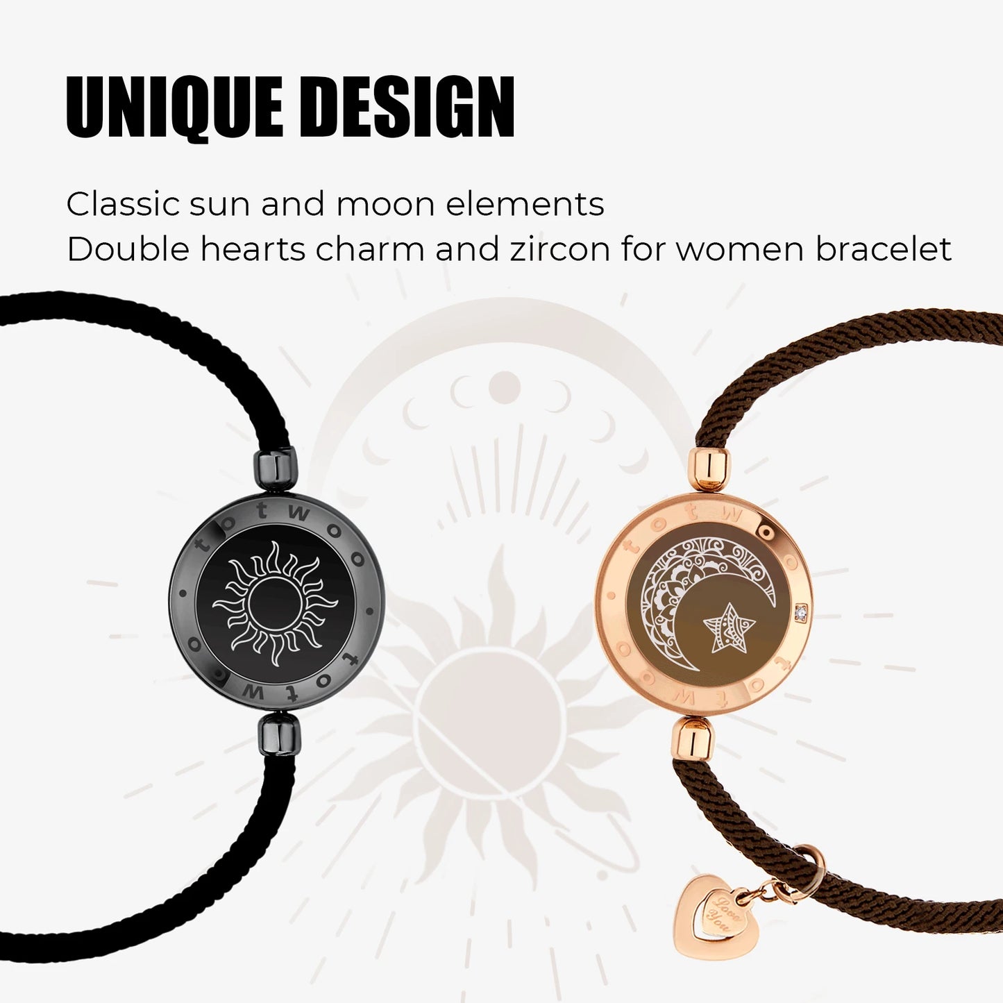 Long Distance touch Light up &Vibrate Bracelets for Couples, Long Distance Relationship Gifts Smart Sun&Moon Love Bracelet