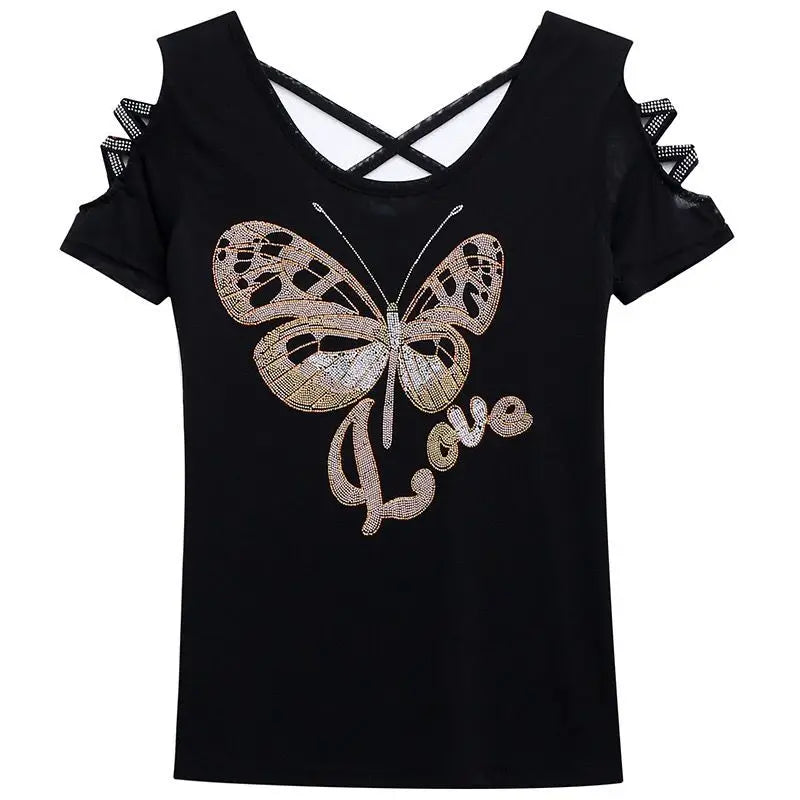 Fashion Gold Butterfly Diamonds Women Backless T-Shirt Sexy Stretch Spliced Gauze Offf Shoulder T Shirt Top Girl Streetwear Tees