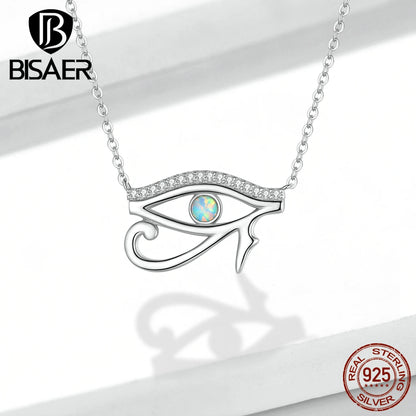 BISAER 925 Sterling Silver Necklace Ancient Egypt Eye of Horus Pendant Chain Plated Platinum for Women Party Fine Jewelry Gift