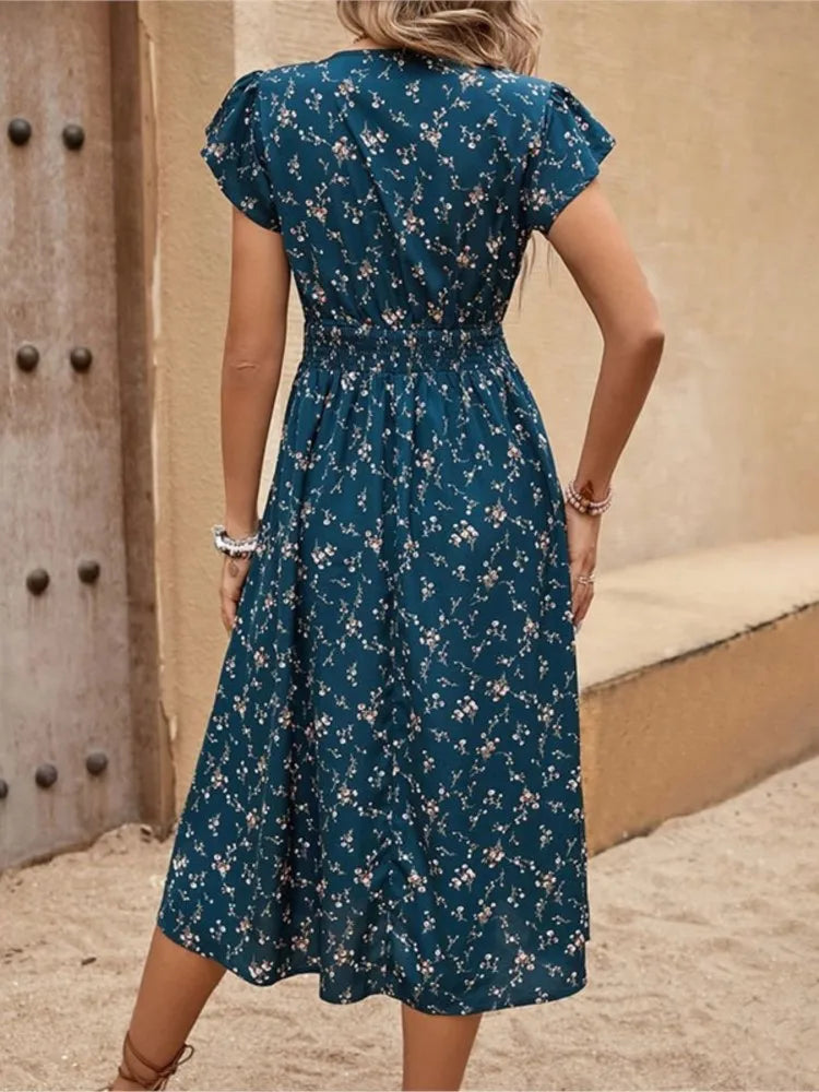 Women's Boho Dress 2024 New Elegant Floral Long Skirt  Beach Vacation V-neck Back Waist Elastic Short Sleeve Dresses For Women