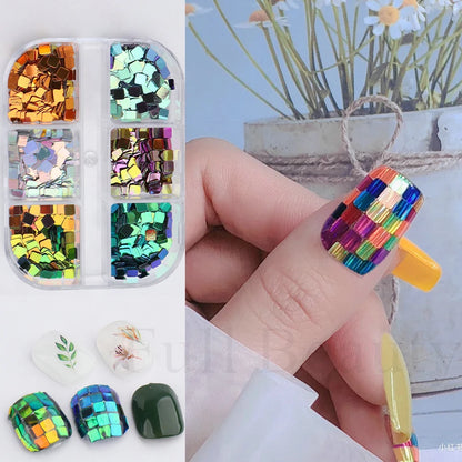 6 Grids Laser Checkerboard Nails Glitters Square Holographic Nails Sequins Mirror Chrome Paillette Manicure Decoration JI1909-37