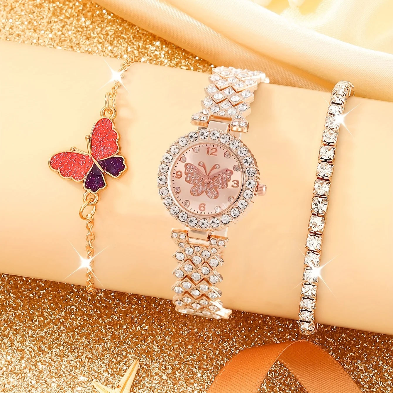 6pcs Rose Golden Quartz Watches For Women Alloy Wrist Watch Butterfly Jewelry Set Great Gift For Her Mom Girlfriend Gifts For Ei