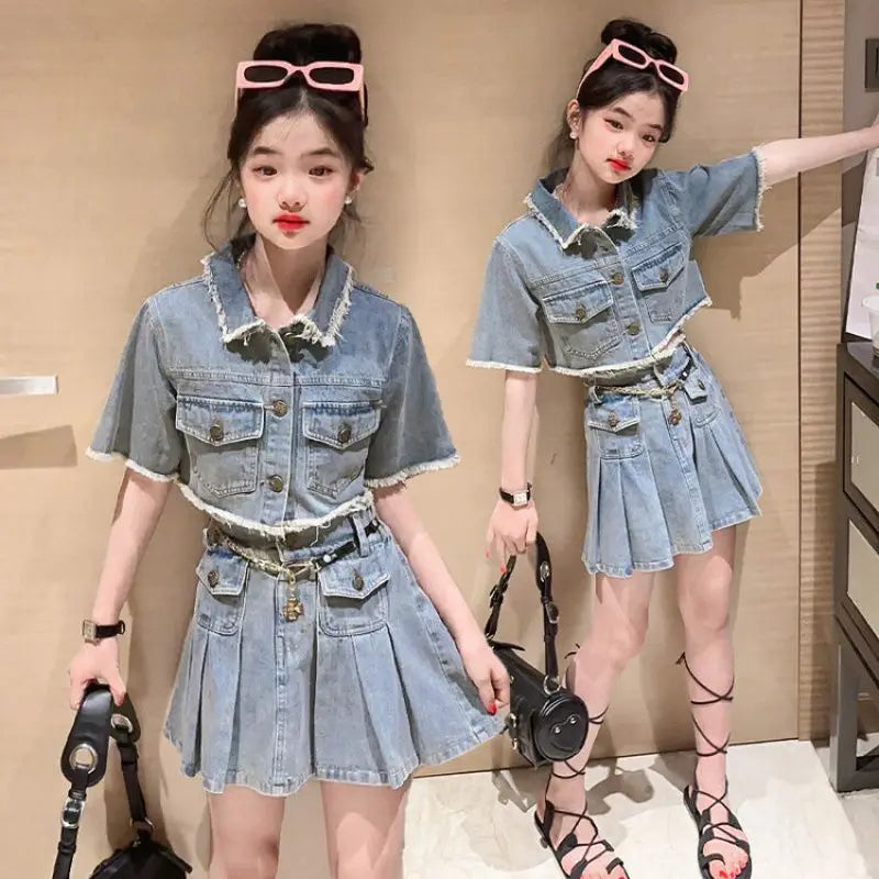 New Summer Teenage Girls Clothes Top+Denim Shorts 2pcs Kids Girl Outfits Clothing 4 6 8 10 12 14 15 Years Children Garments