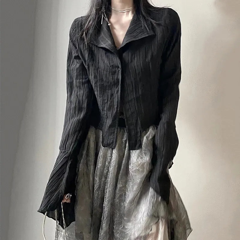 قميص Karrram Gothic Black Shirt Yamamoto Style Dark Aesthetic للنساء، ملابس مصممة غير منتظمة، ملابس Emo Alt، قمم Grunge Y2k