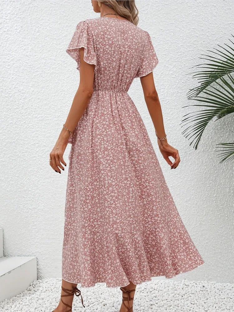 Summer Women's Flower Flowy Split Midi Dress Fashion V Neck Short Sleeve Irregular Dresses Boho Beach Holiday Sundress Robe