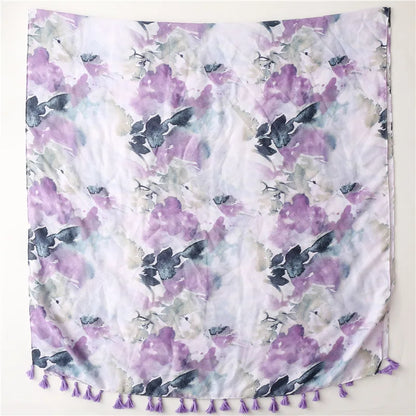 2023 New Purple Ink Flowers Retro Long Scarf Women Bohemia Luxury Florals Beach Shawls Viscose Hijab Scarves