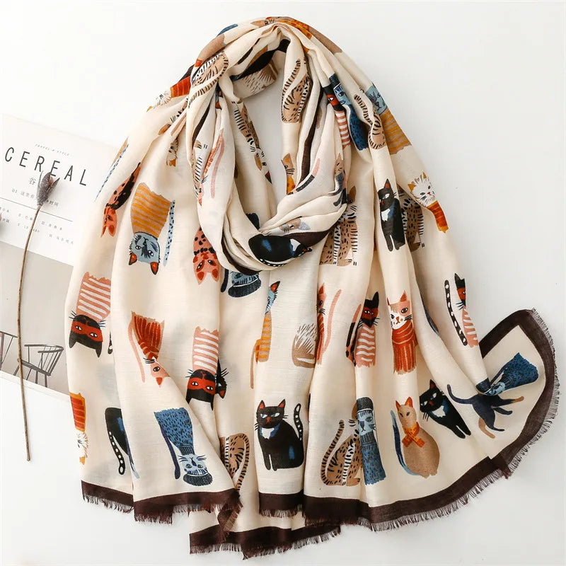 Luxury Brand New Women Winter Autumn Scarf Casual Soft Cotton and Linen Fashion Cats Prints Warm Long Shawls Scarves 2023