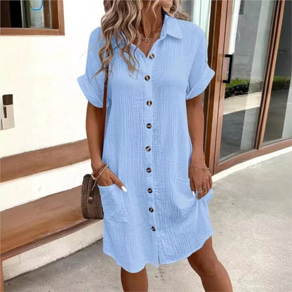 Summer Turn Down Collar Button Up Dress For Women Casual Loose Short Sleeve Pocket Splicing Solid Color Dresses Femme Robe