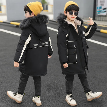 Winter Warmth Boys Fur Hood Fleece Lined Drawstring Zip Long Puff Jacket School Kids Therme Parka Child Snow Coat Outfit 3-15Yrs