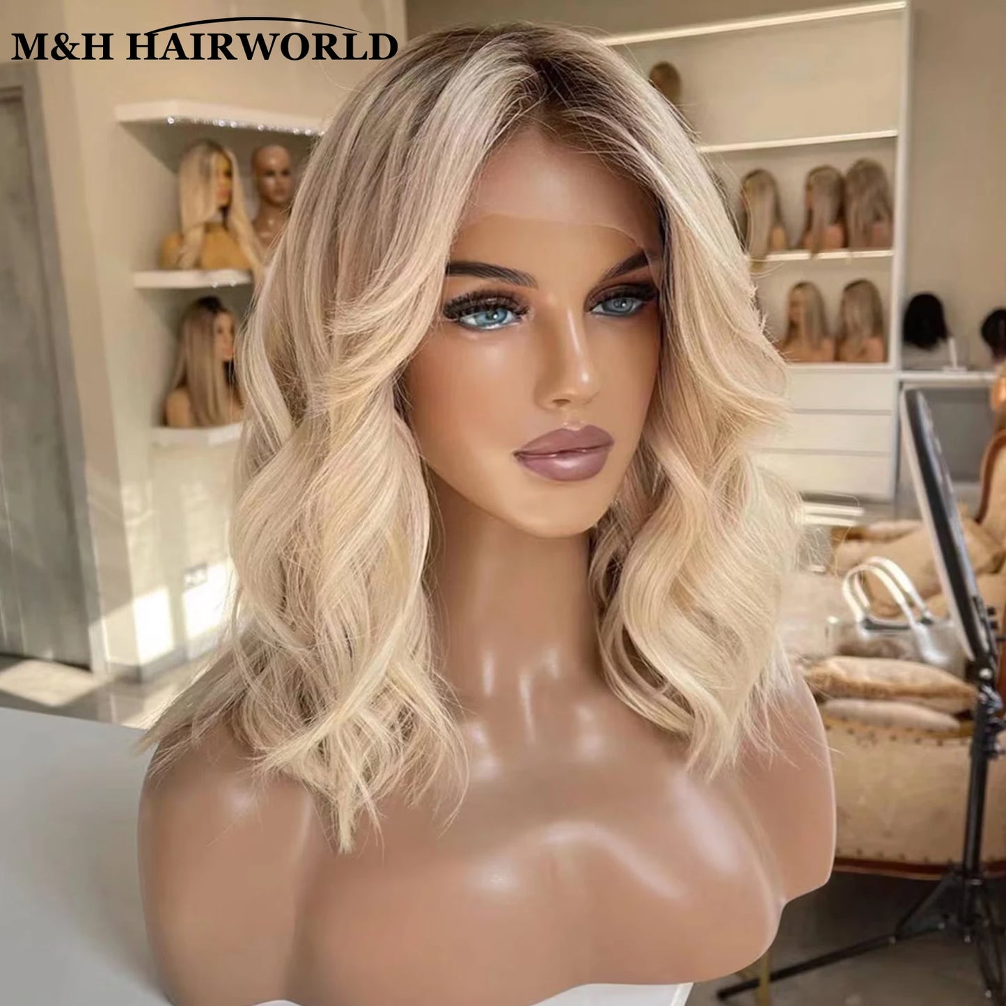 Ombre Ash Blonde Colored Highlights Bob Wig Short Natural Wavy Synthetic Hair Lace Front Wigs 13x3 Frontal Lace Wigs For Women