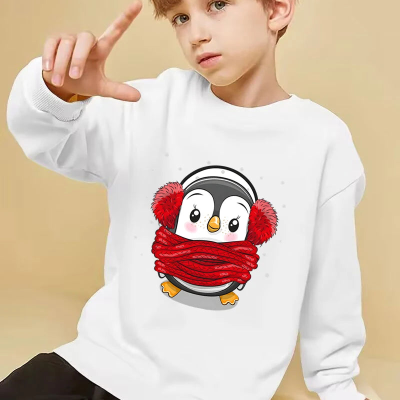 Autumn Winter Children's Christmas Sweatshirts Funny Cartoon Penguin Hot Stamped Pullover Long Sleeve Xmas Gift Boy Girl Hoodies