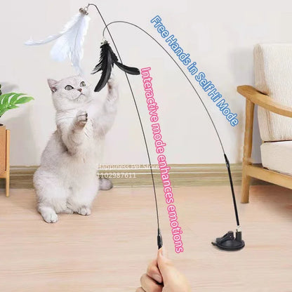 Cat Toy Cat Teaser Stick With Bell Extended Rod Suction Cup Self High And Durable Bite Teaser Tool Replaceable Feather Head