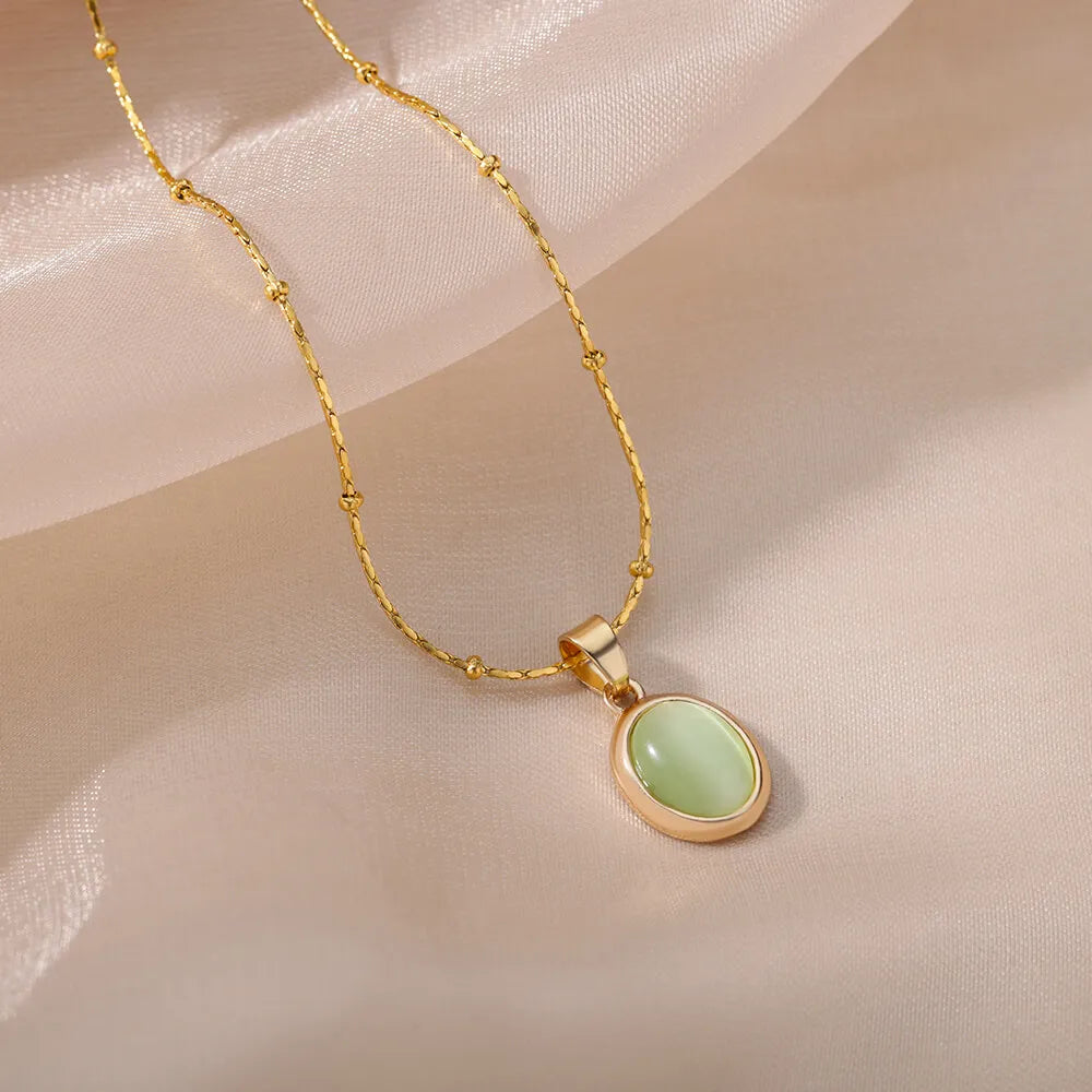 Round Opal Necklace For Women Girls Stainless Steel Natural Stone Pendant Chains Choker Necklaces New In Jewelry Gift Collier