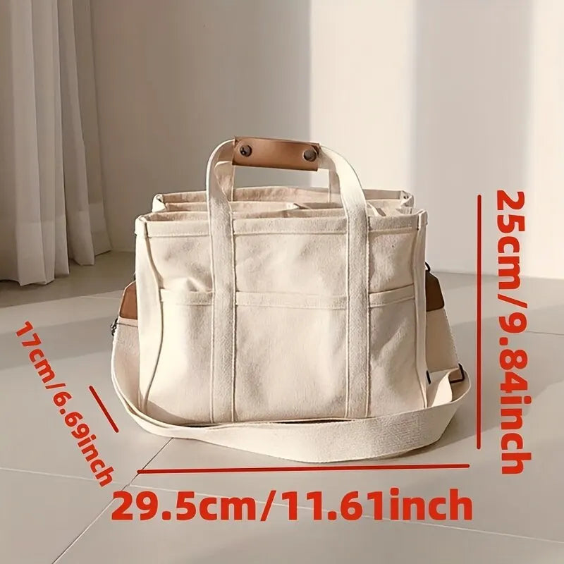 Women's Casual Canvas Handbag Multi-pocket Large Capacity Tote Bag Adjustable Shoulder Strap Casual Shoulder Shopper Bag Female