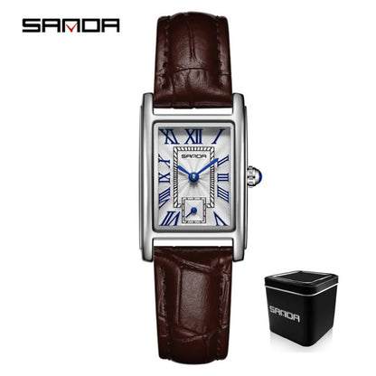 SANDA 1116 Quartz Watch Women Elegant Design Watches Rectangle Dial Waterproof Steel Leather Business Ladies Wristwatches Gift