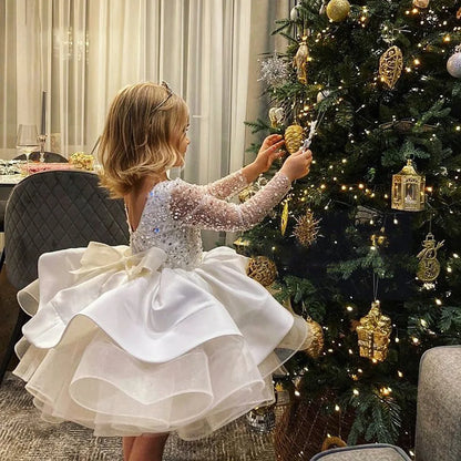 Little Girls Sparkly Sequin Dress Long Sleeve Kids Birthday Outfits Children Formal Cocktail Pageant Dresses Flower Girl Dresses