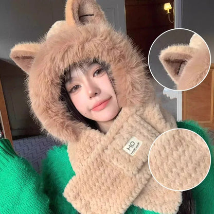 Winter Scarf Hat Sets for Women Cute Fox Ears Furry Fur Bonnet Plush Thicken Windproof Beanies Neck Warmer Scarves Two-Piece Set