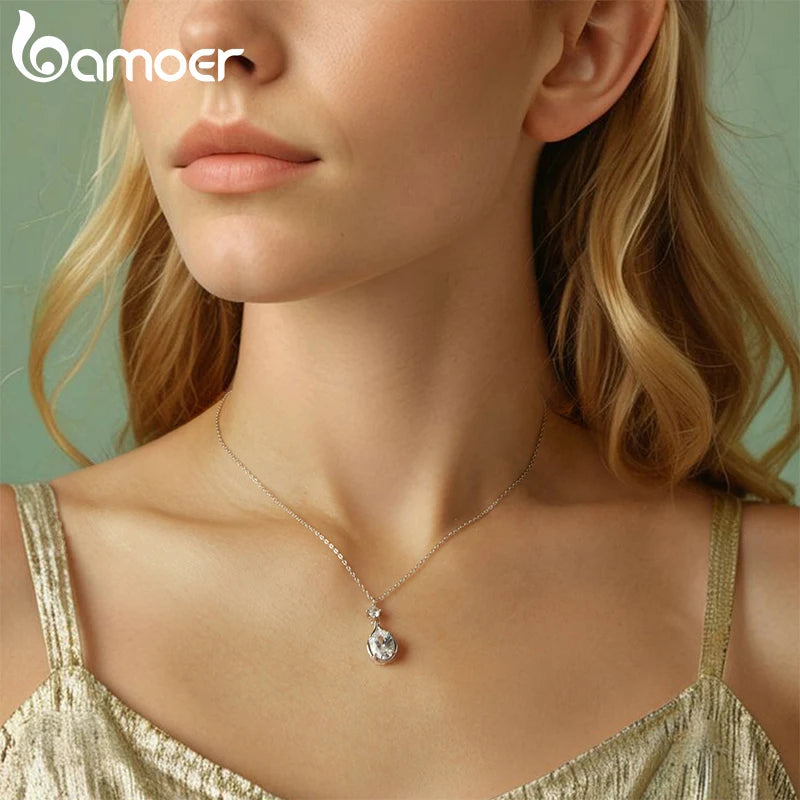 BAMOER 925 Sterling Silver Necklace for Women Cubic Zirconia Round Cut Pendant Necklace Dainty Jewelry Gifts for Women BSN402