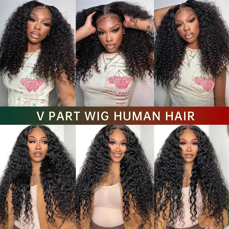 V Part Water Wave Wig Human Hair No Leave Out Machine Made 32 Inches Wet and Wavy V Part Human Hair Wigs For Women Natural Color