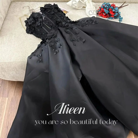 Aileen Black 3D Flowers Satin Wedding Party Dress Luxurious Women's Evening Dresses for Special Occasions Elegant Woman Gala