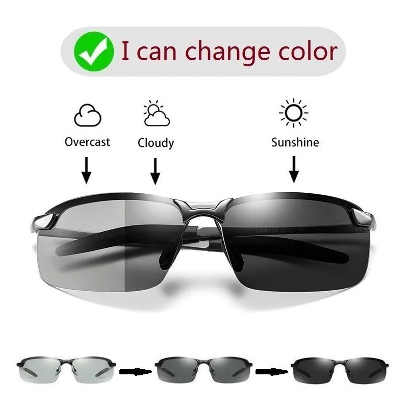 Men Photochromic Polarized Sunglasses Driving Fishing Chameleon Glasses Change Color Sun Glasses Day Night Vision UV400 Eyewear