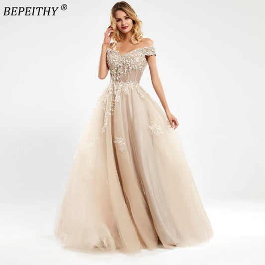 BEPEITHY Customized Off The Shoulder Lace Evening Dresses For Women 2023 Champange A-Line Sleeveles Prom Gown Reception Elegant