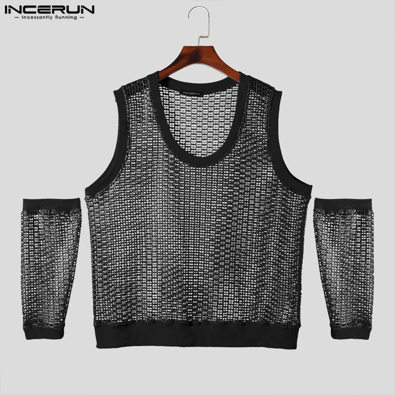 INCERUN Men T Shirt Mesh Transparent Solid Color U-neck Collar Split Short Sleeve Men Clothing Streetwear 2024 Fashion Camisetas