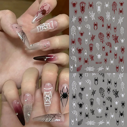 Red Spiders Halloween Nail Stickers Y2K Laser Red Spider&Cobweb Black White Halloween Night Party DIY Nails Charms Decor LESU-37