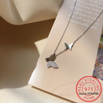 Fashion New 925 Sterling Silver Shiny Flash Diamond Butterfly Double Layer O Chain Necklaces Wedding Party Jewelry for Women