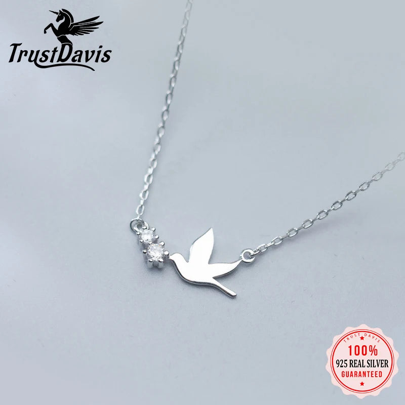 TrustDavis Real 925 Sterling Silver Necklace Fashion Sweet Dove CZ Clavicle Necklace For Women Mother's Day Jewelry Gift DS965