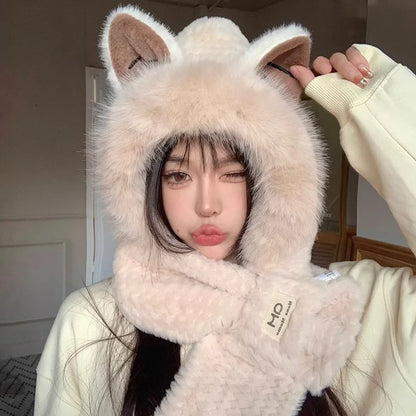 Winter Scarf Hat Sets for Women Cute Fox Ears Furry Fur Bonnet Plush Thicken Windproof Beanies Neck Warmer Scarves Two-Piece Set