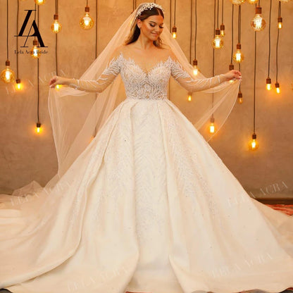 LelaAcra Long Sleeve Wedding Dress 2024 Sweetheart Beaded Backless A-Line Princess Bride Gown SM72 Plus Size Vestido de Noiva