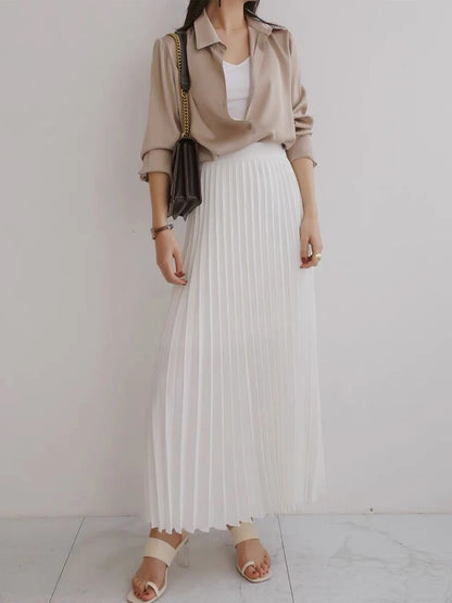 Brand Designer Women Spring Autumn Elegant Chic Solid Pleated Skirt High Waist Luxury Fashion With Elastic Female C-035