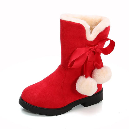 Girls Snow Boots Winter Warm Plush Kids Boots Cute Princess Sweet Bow-knot with Ball Hairball Flock Children Winter Boots 27-38