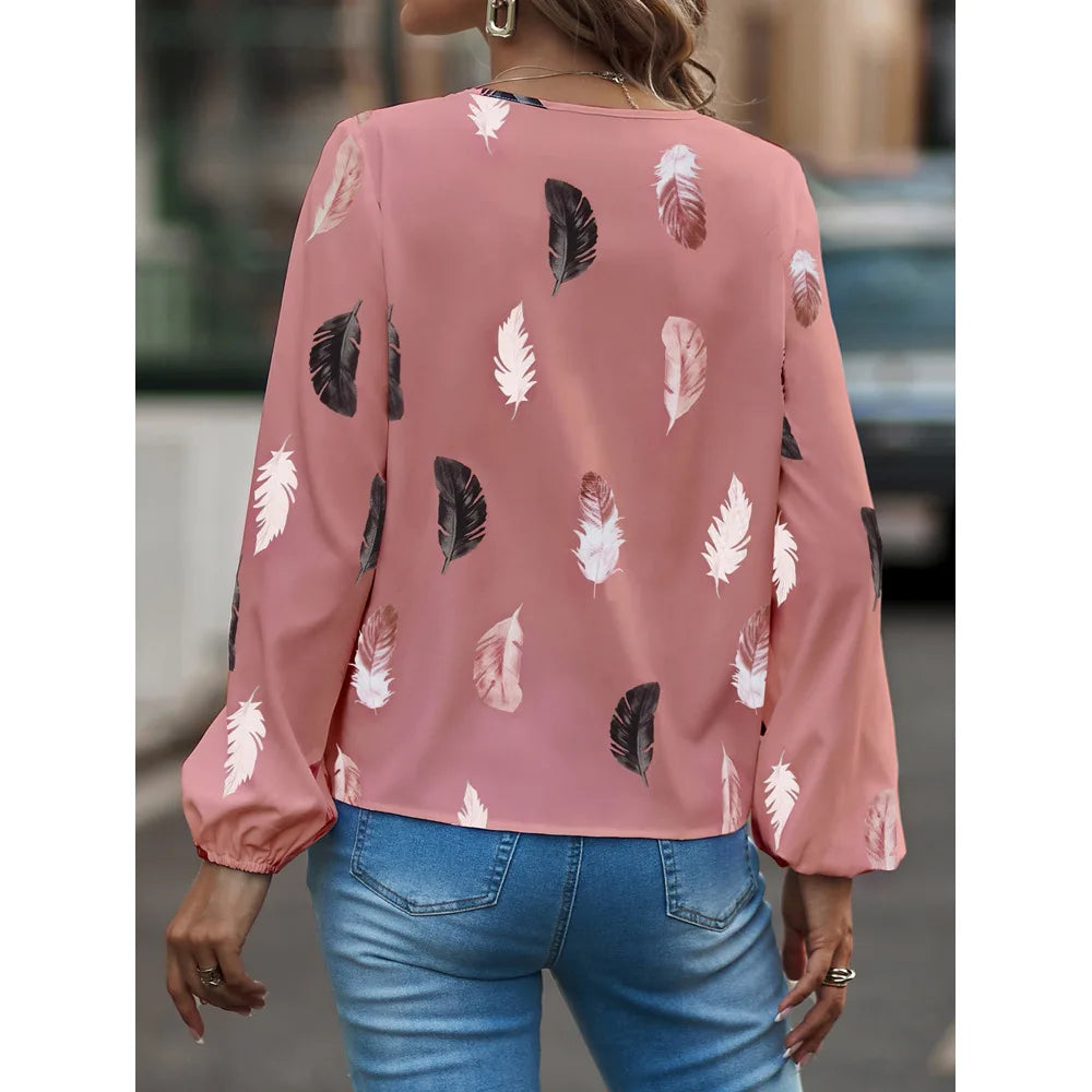 2024 New Spring Summer Women Casual T Shirt Fashion Feather Printed Long Sleeve V Neck Loose Blouses Tops Female Pullover TShirt